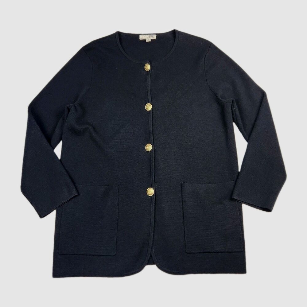 J.Crew Giselle Sweater Blazer M Black Wool Blend Gold Buttons Pockets Cardigan